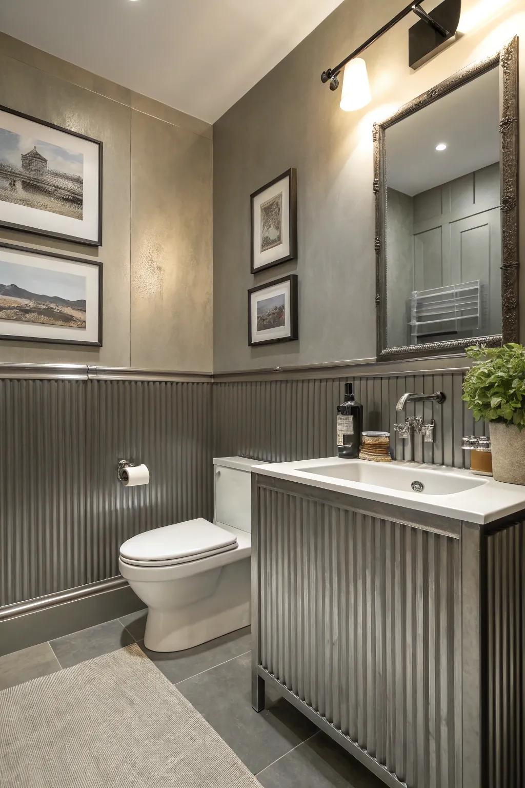 Achieve industrial elegance within your bathroom through metallic wall paneling.