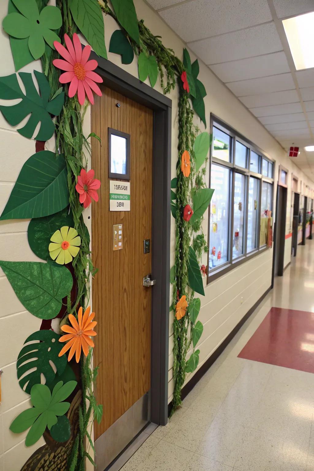 Nature-themed elements creating a calming classroom door.