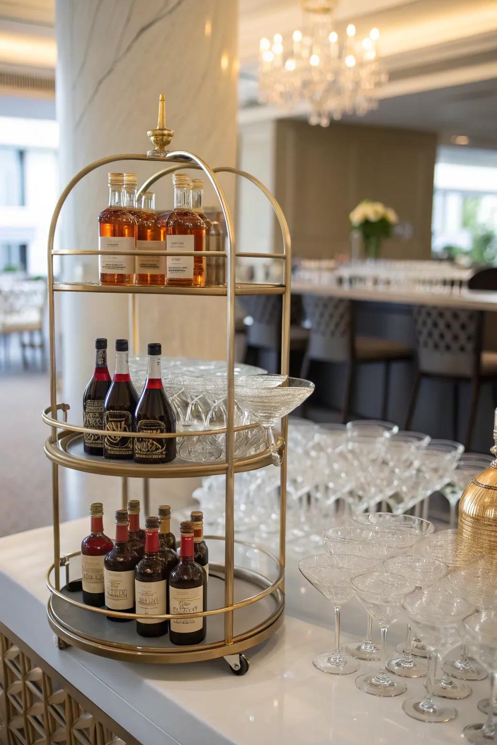 A tiered stand stylishly structuring miniature spirit bottles.