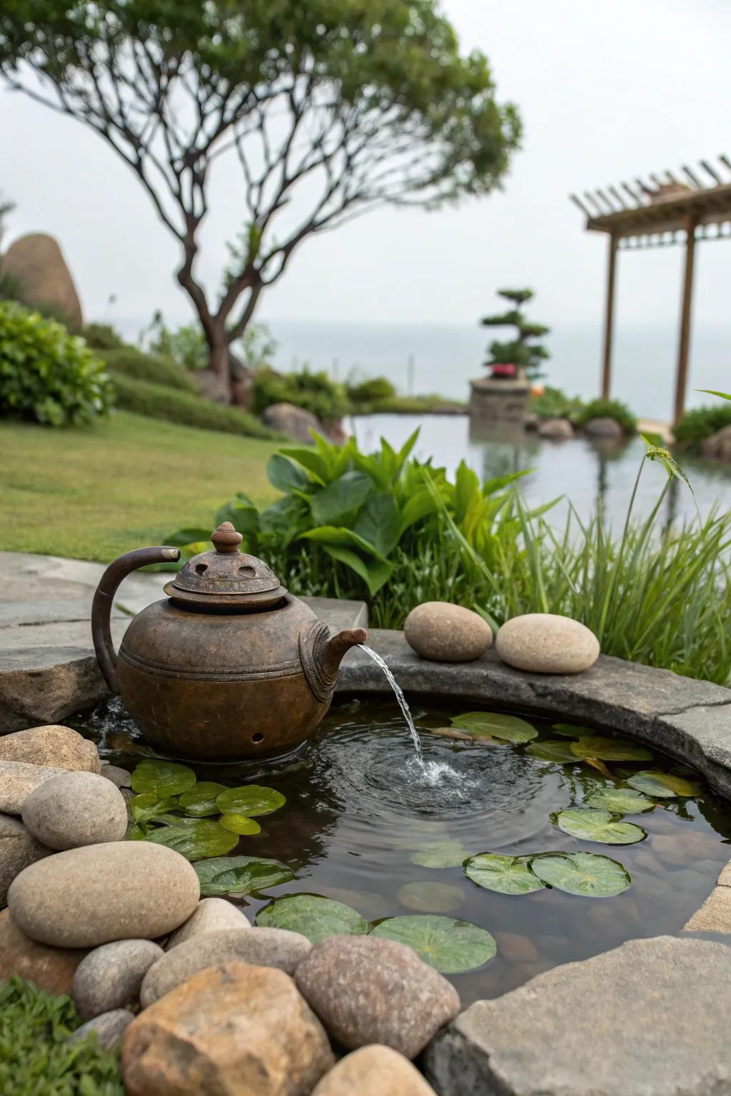 A charming stylish water feature adds a playful touch to a small pond.