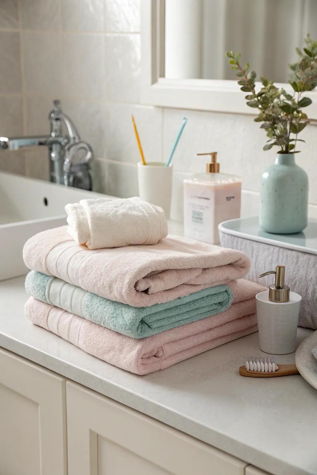 A splash of pastel imparts a cheerful note to the bathroom.