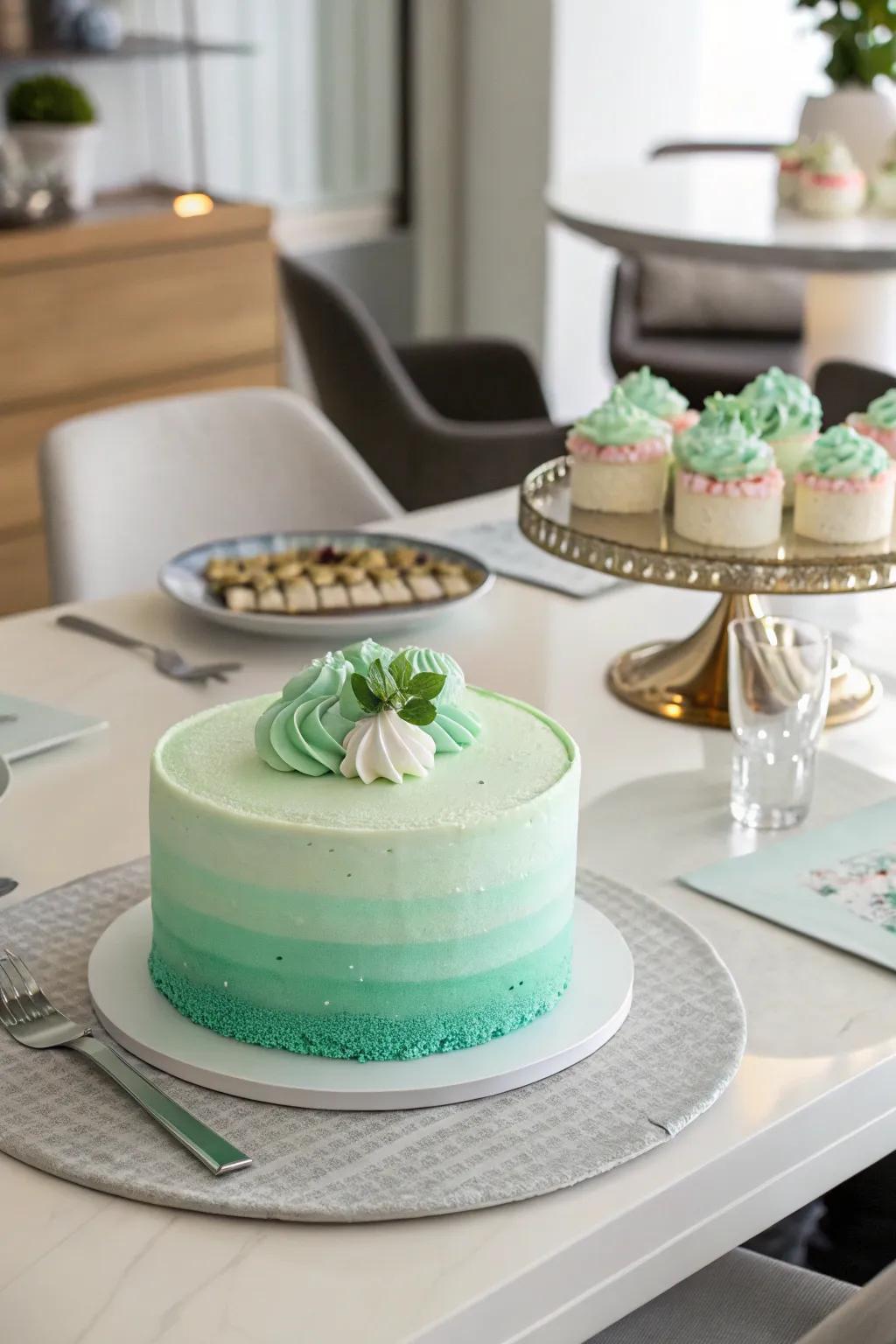 A turquoise cake featuring a striking ombre effect.