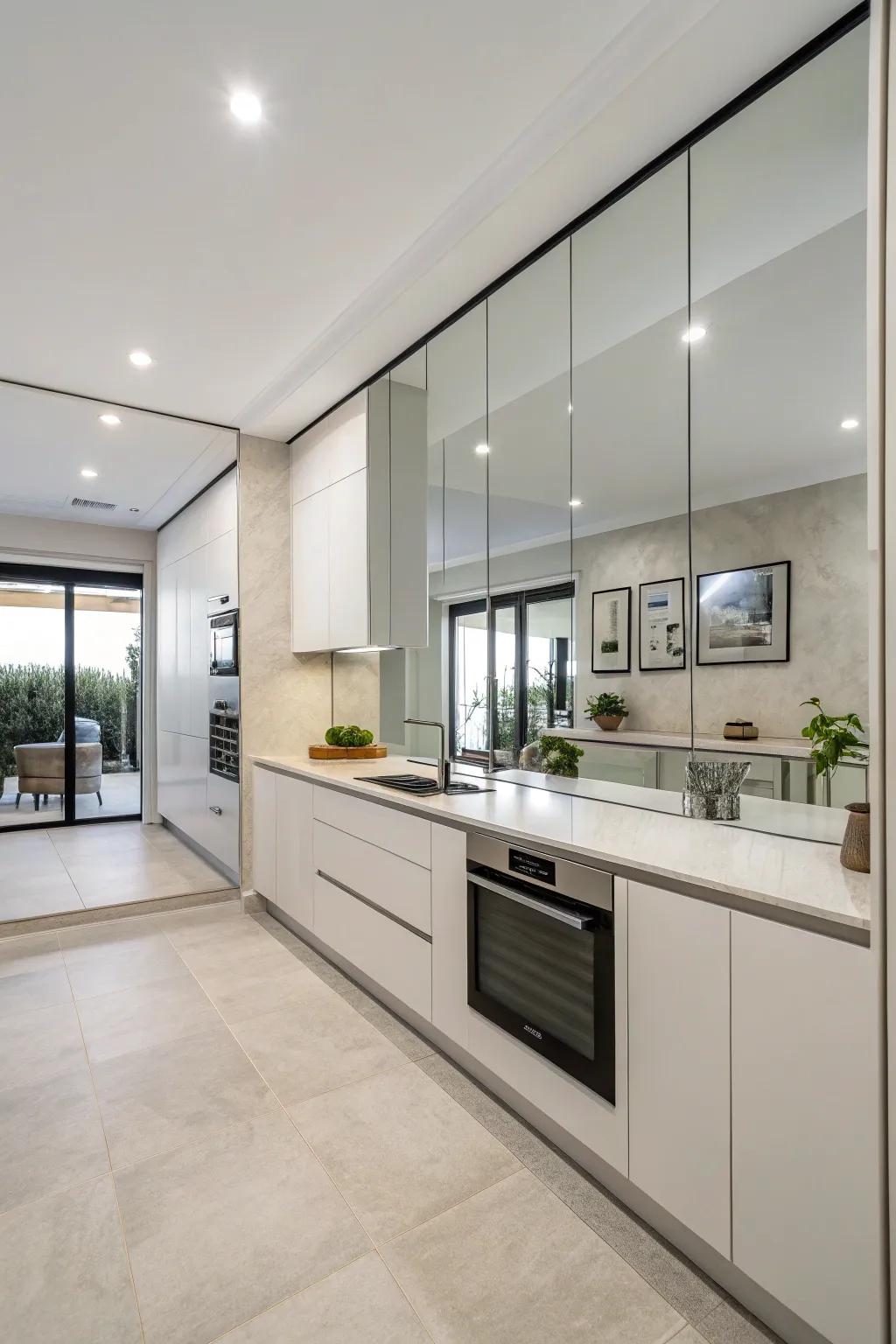 Frameless mirrors in a minimalist kitchen, projecting a sleek and contemporary vibe.