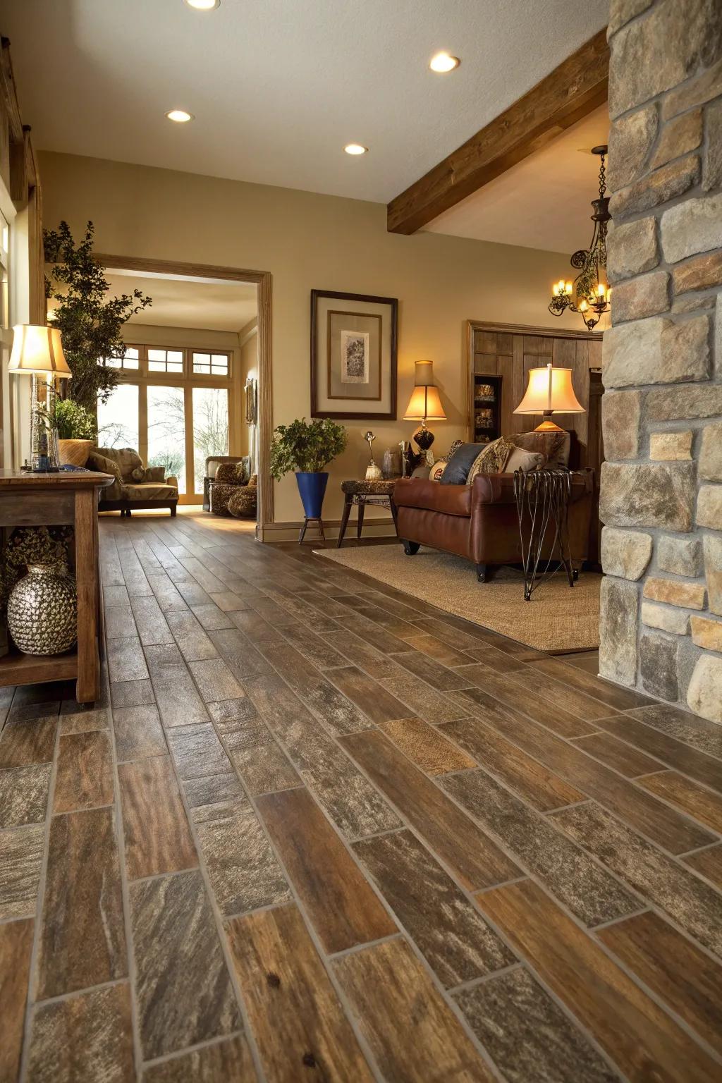 Vinyl flooring mimics wood and stone for a versatile design.