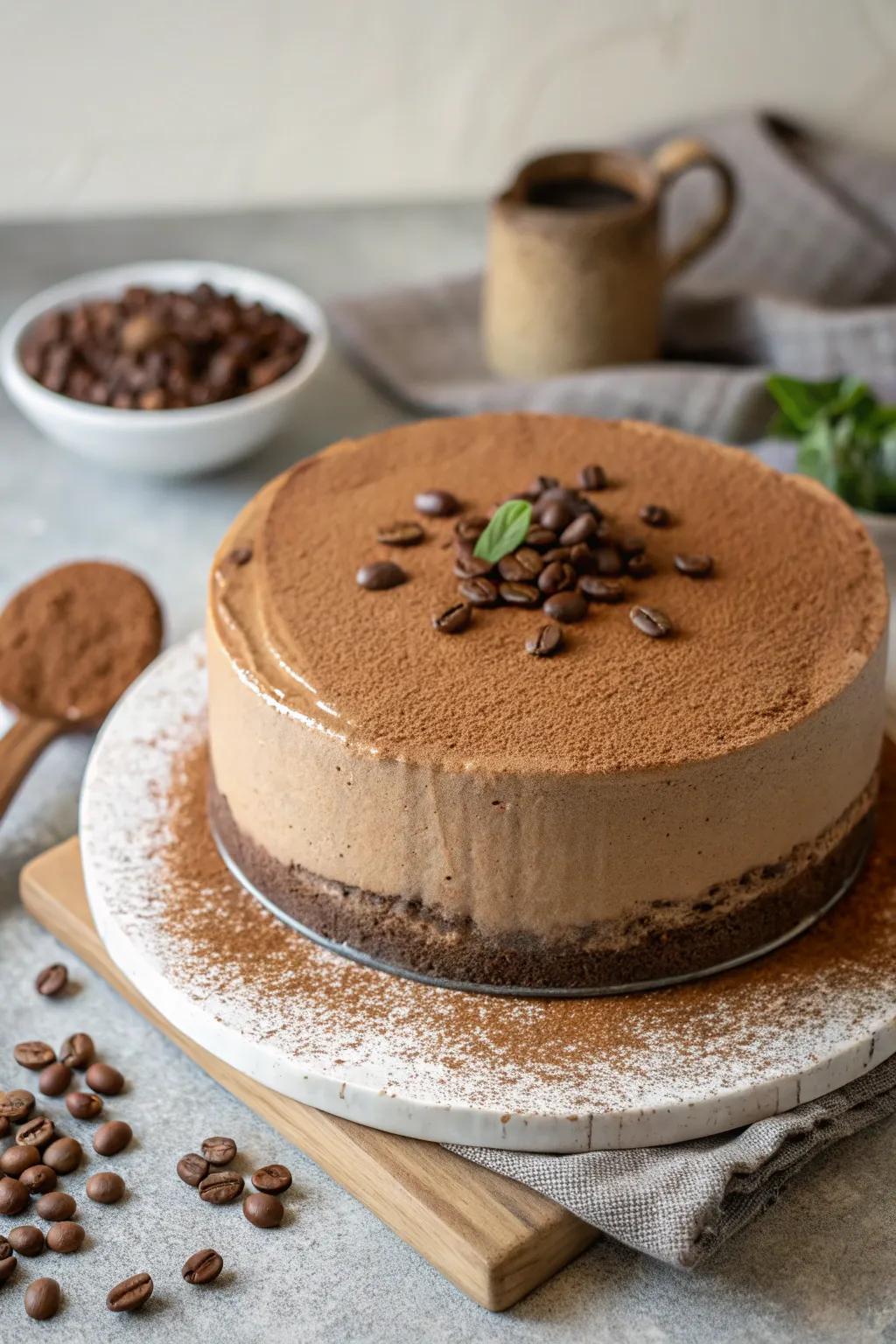 Espresso powder dusting adds aroma and flavor to a mocha cake.