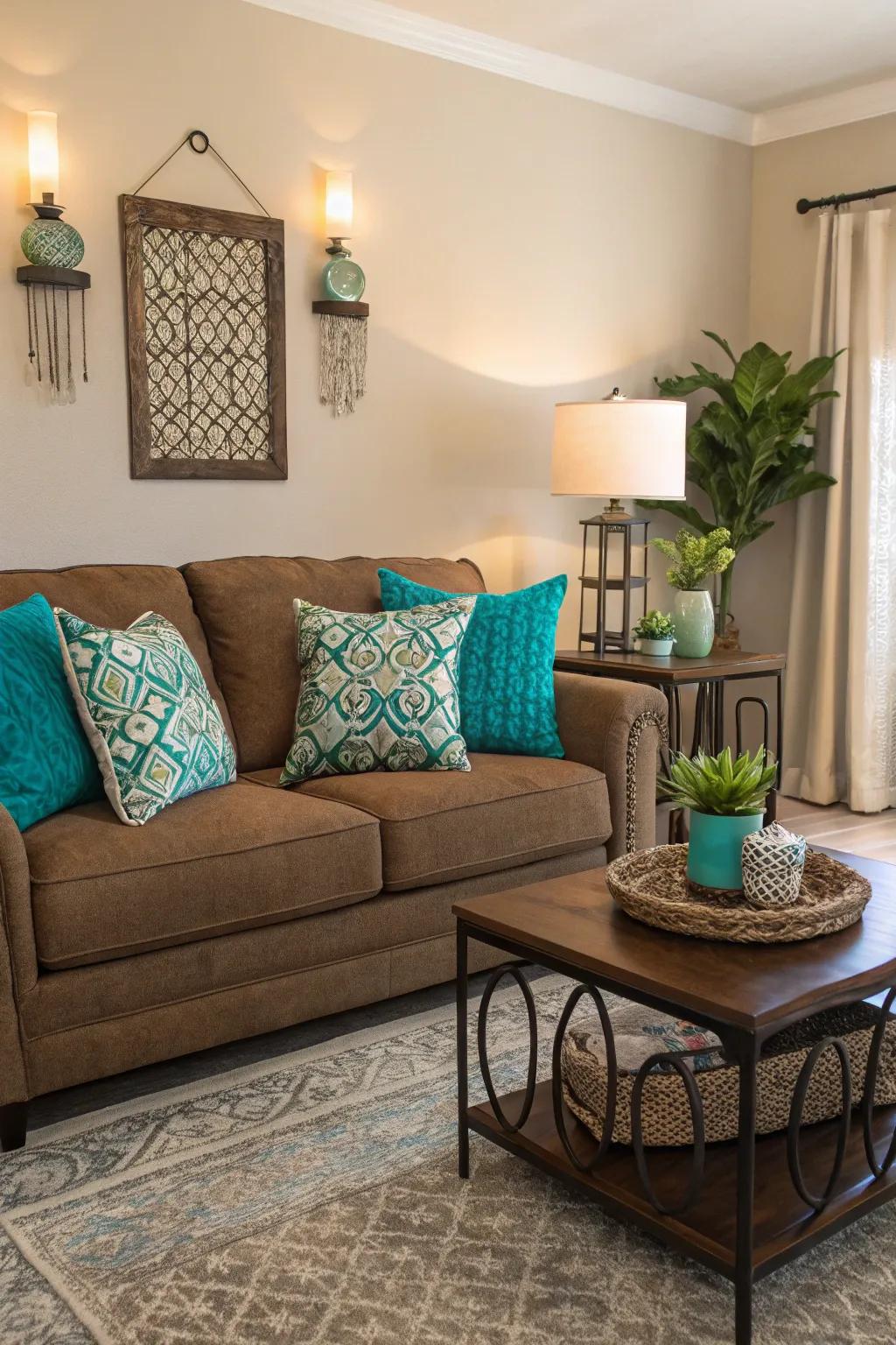 A highlight of shade introduces enthusiasm to the chocolate sofa arrangement.