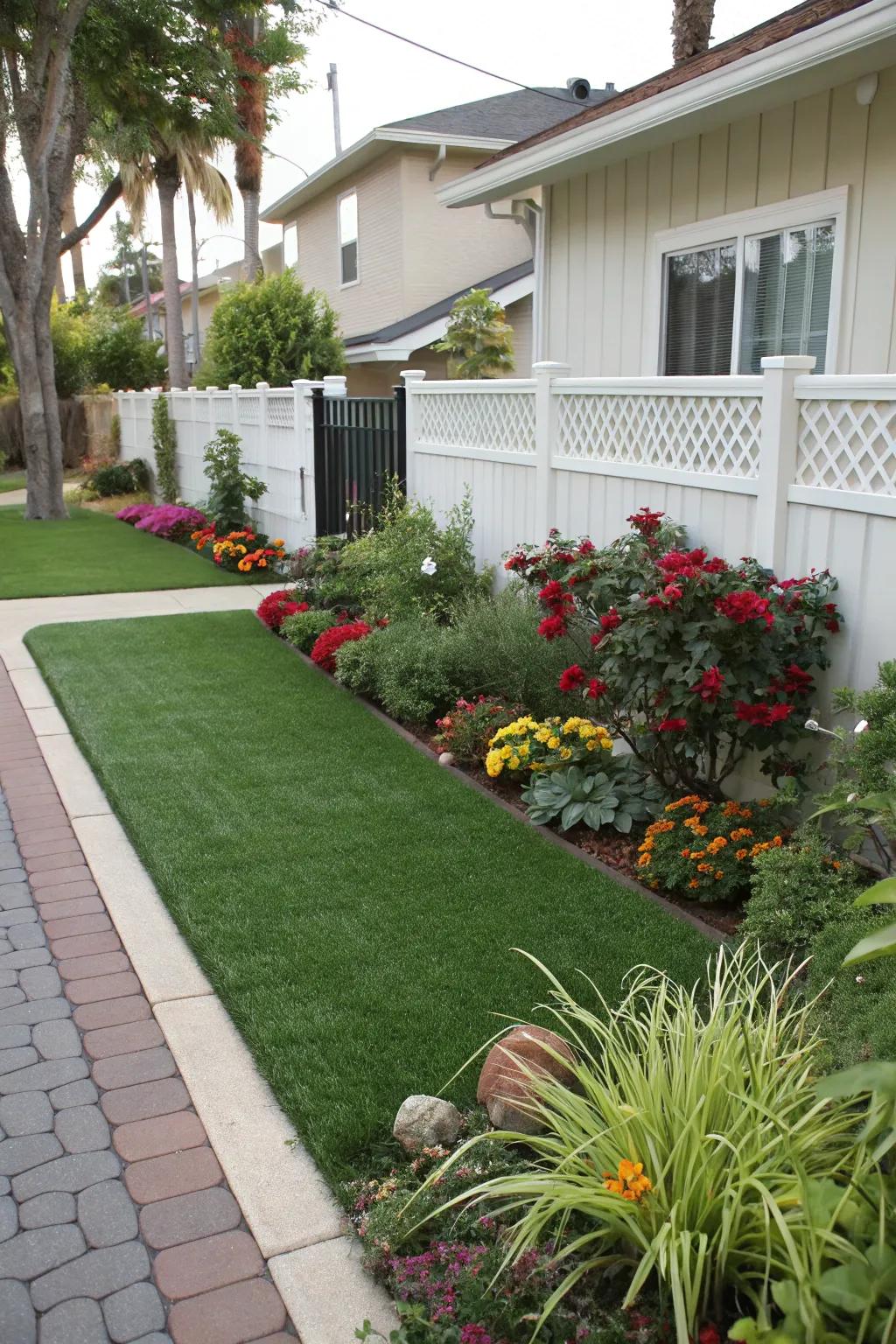 Inherent plant borders complement the artificial turf beautifully.