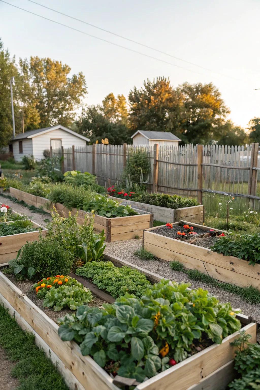 A delightful edible garden with raised beds set in a backyard.