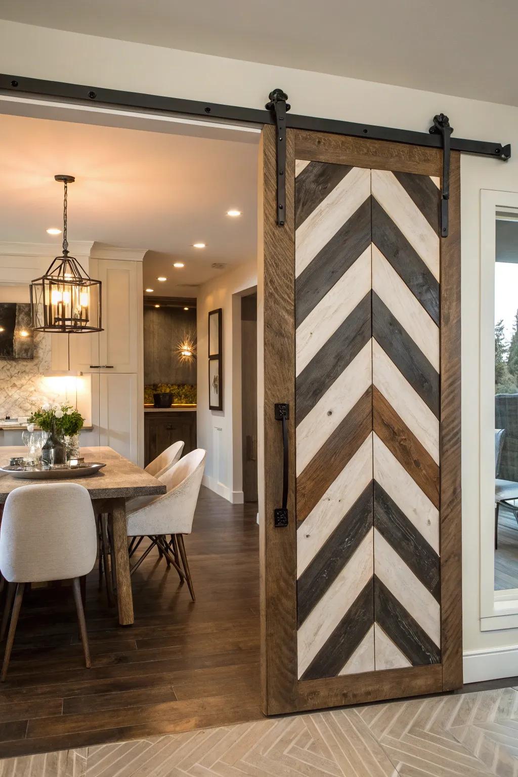 Chevron designs on barn doors evoke a feeling of movement and style.