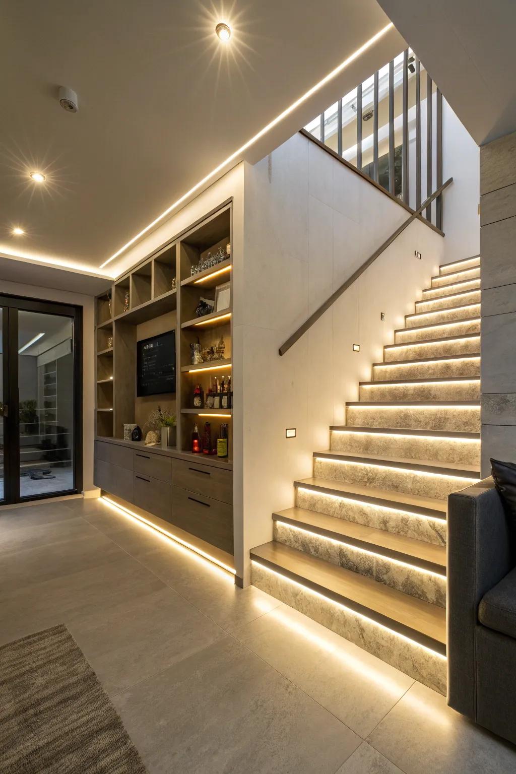 LED strip lighting adds a subtle glow, highlighting architectural details.