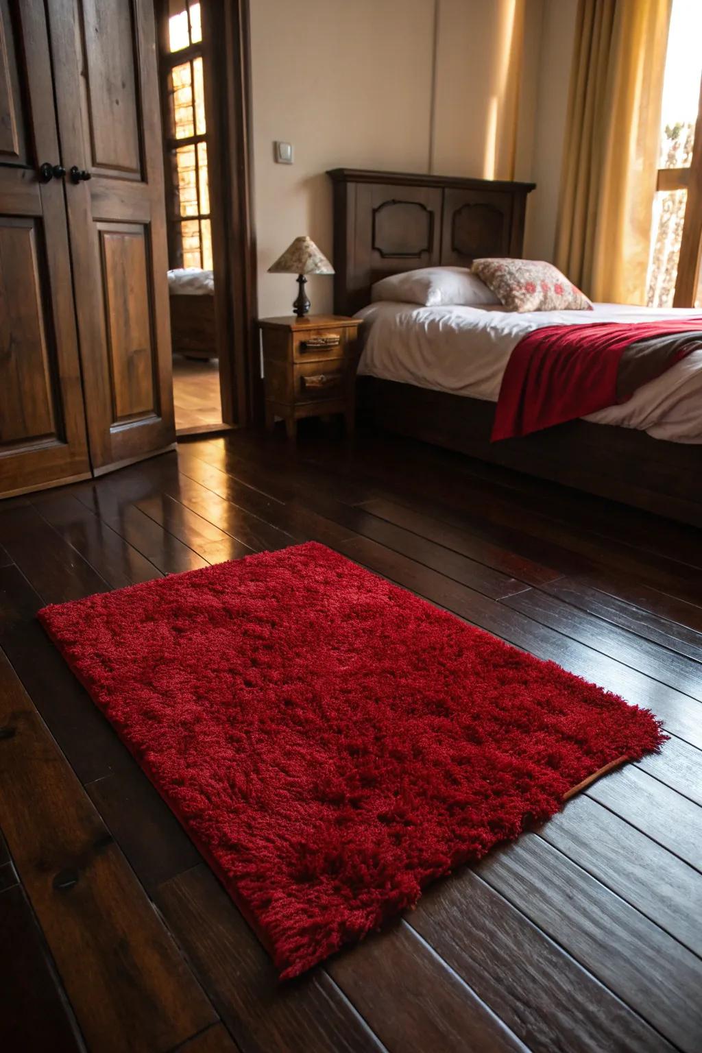 A scarlet rug enriches the flooring using color and warmth.
