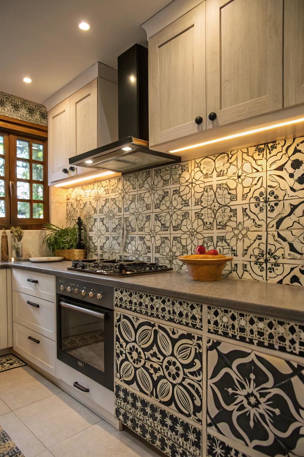 Medallion tiles infuse an exotic atmosphere into the kitchen.