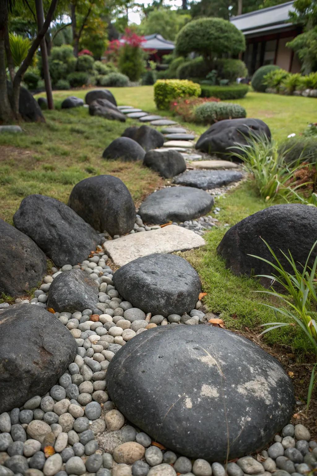 Different-sized dark stones create a textured garden surface.
