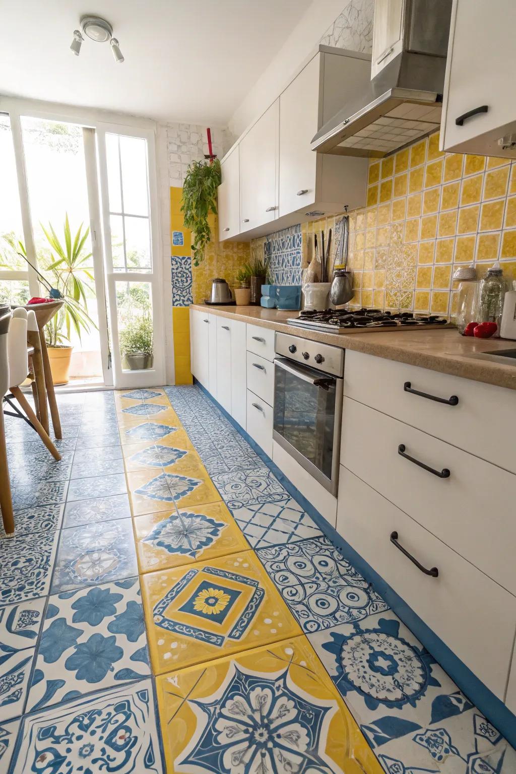 Unconventional tile patterns contribute a singular and vibrant dynamism to this kitchen.