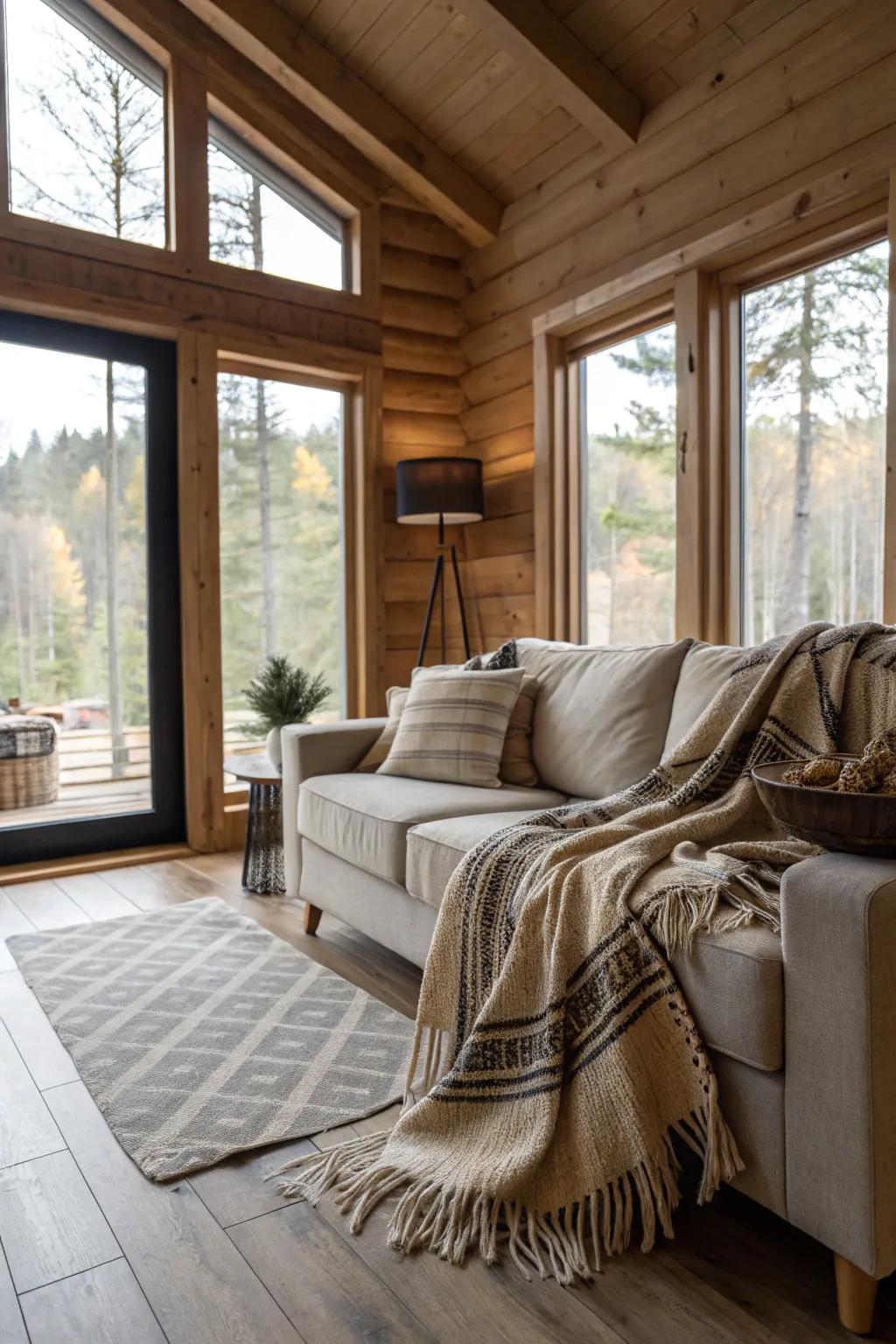 Comfort throws add warmth and comfort to modern cabin decor.