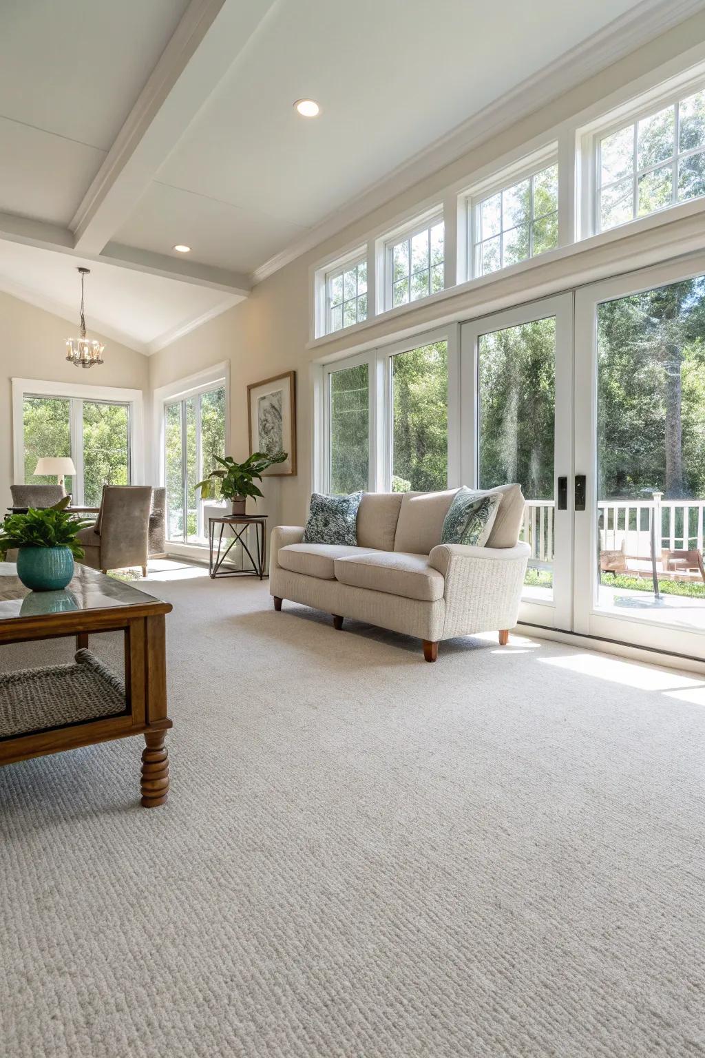 An open-concept living space showcases a light-colored carpet, enhancing its airy sensation.