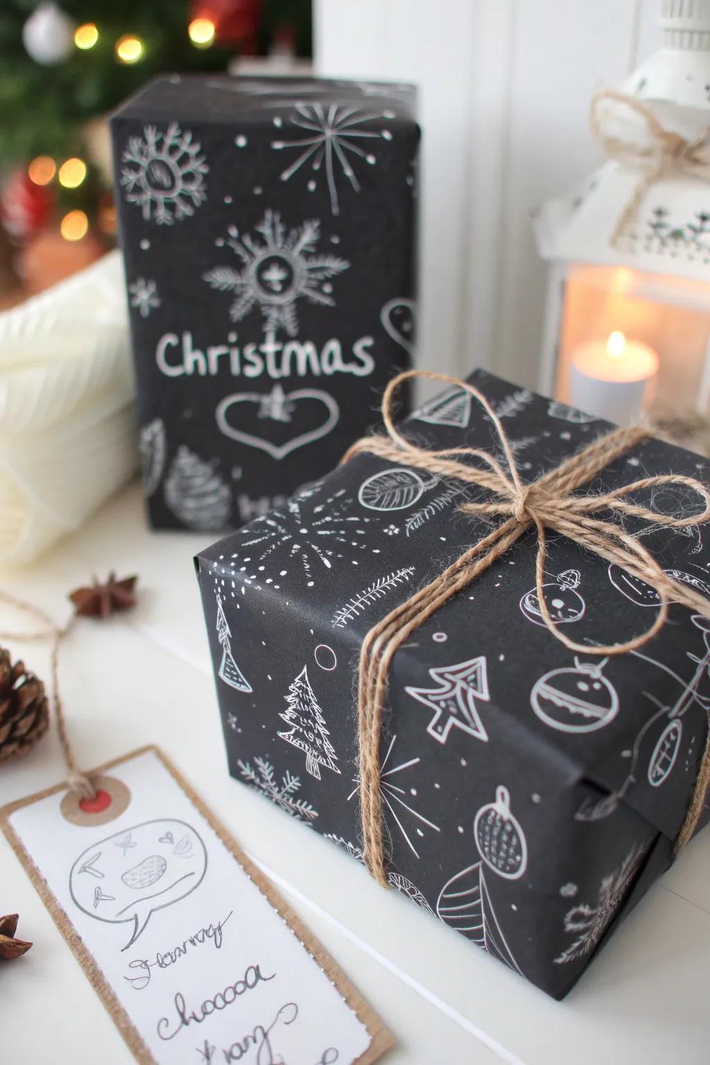 A chic chalkboard-inspired gift with creative and personal touches for a unique holiday wrap.