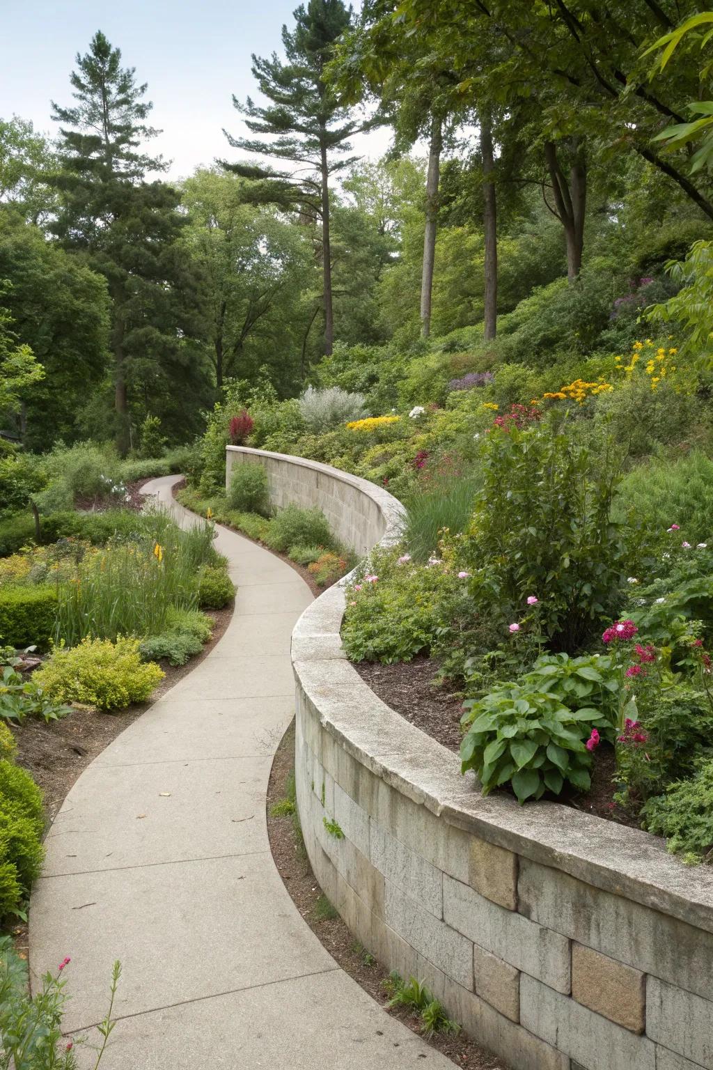 Curvilinear reinforced wall for a gentle and inviting landscape layout.