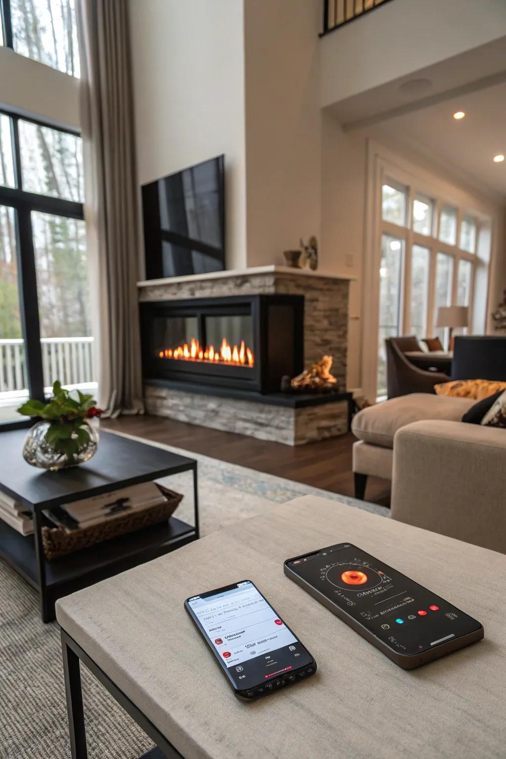 A modern living room where the electric fireplace is conveniently controlled via smartphone.