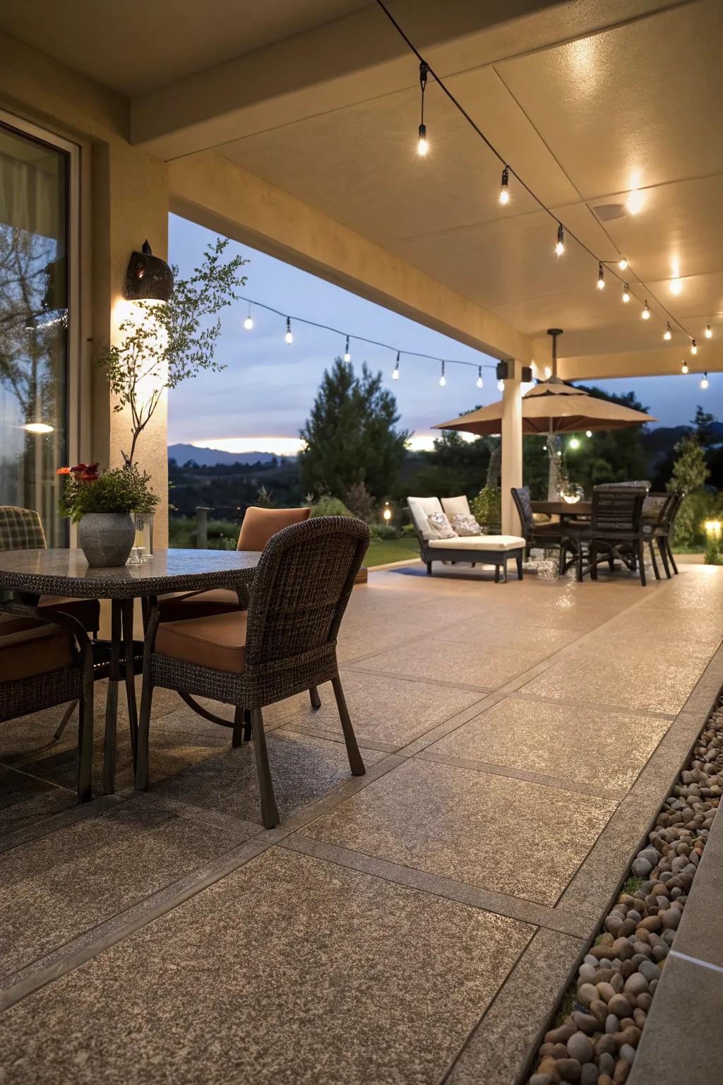 Distinct zones designated for varied activities on the patio.