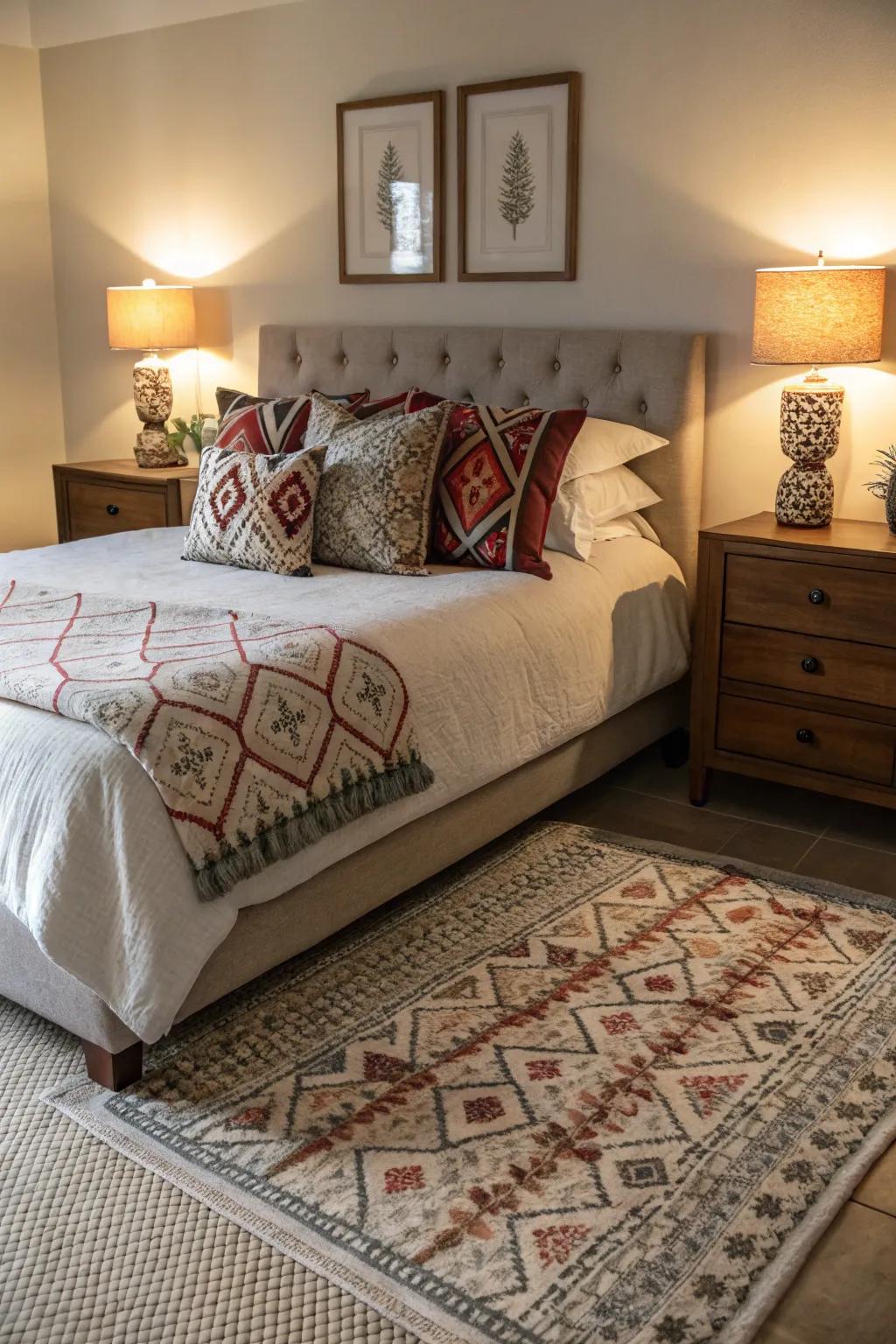 Patterns and textures bring life to this modern country guest bedroom.
