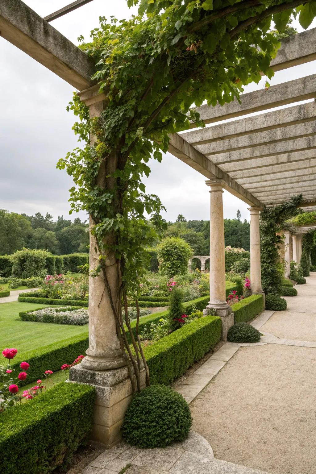 Architectural elements like pergolas add structure and elegance to formal gardens.