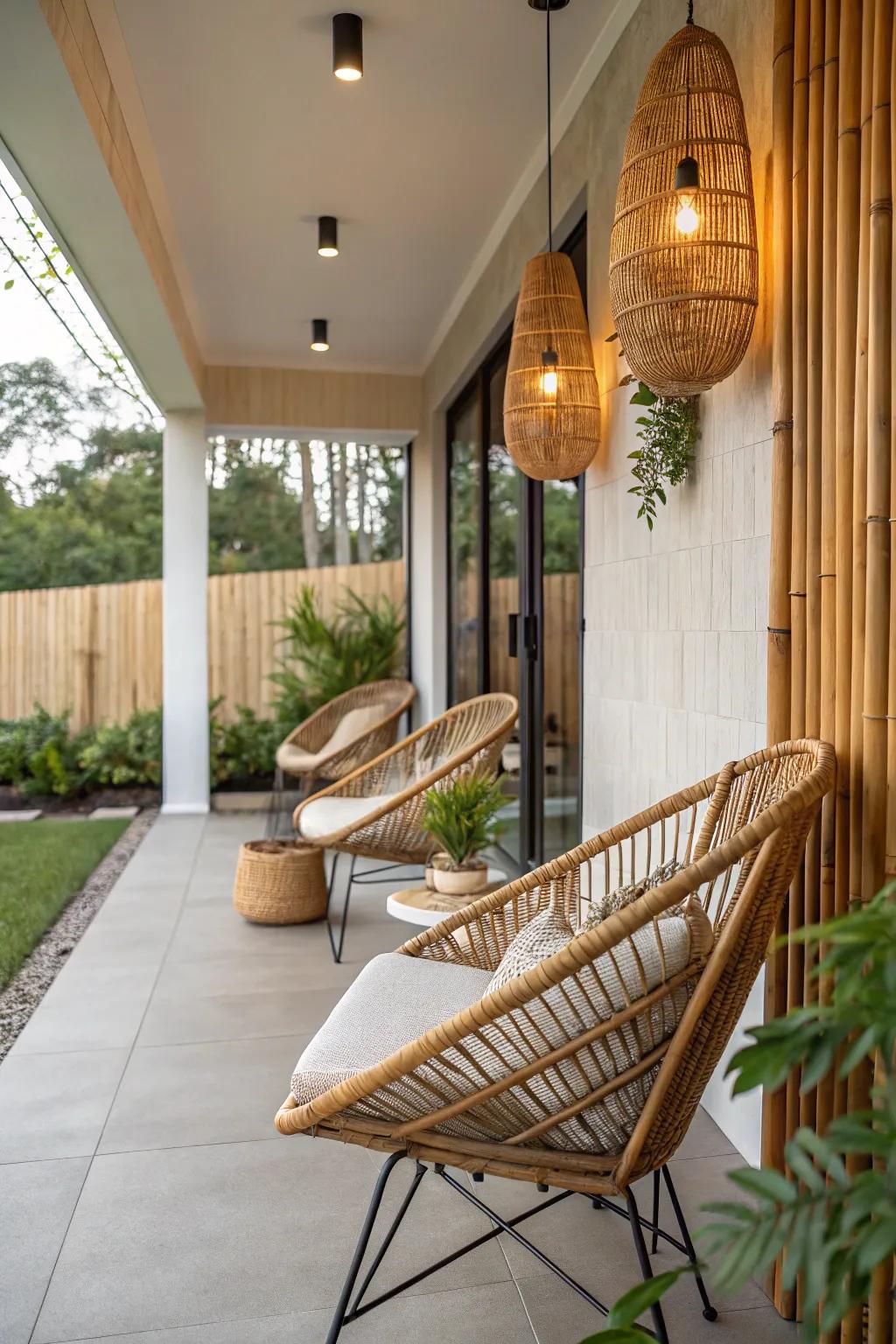 Natural components add warmth to contemporary porch designs.
