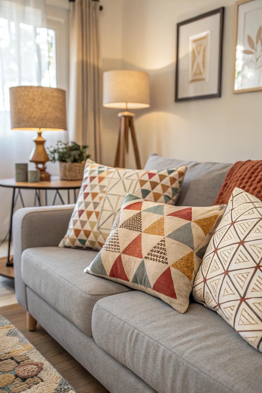 Geometric patterns introduce a playful element to the living room.