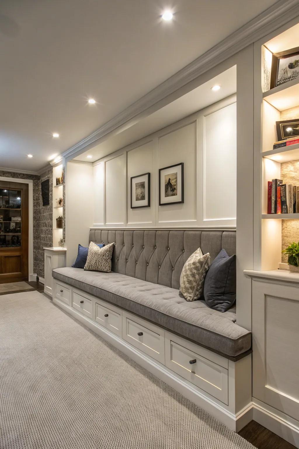 A half wall with integrated seating creates a comfortable and functional area.