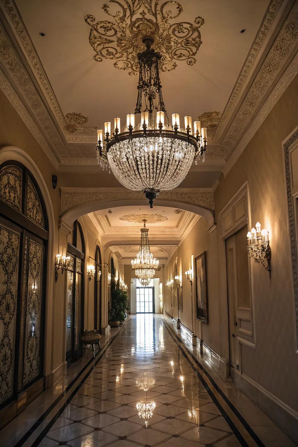 Statement chandeliers make a lasting impression in hallways.