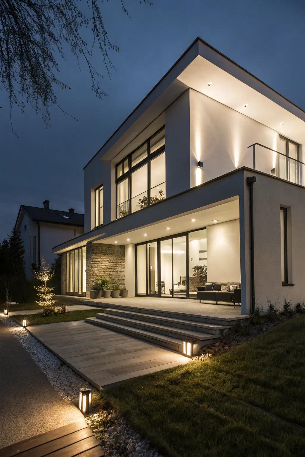 A modern home with innovative exterior lighting.