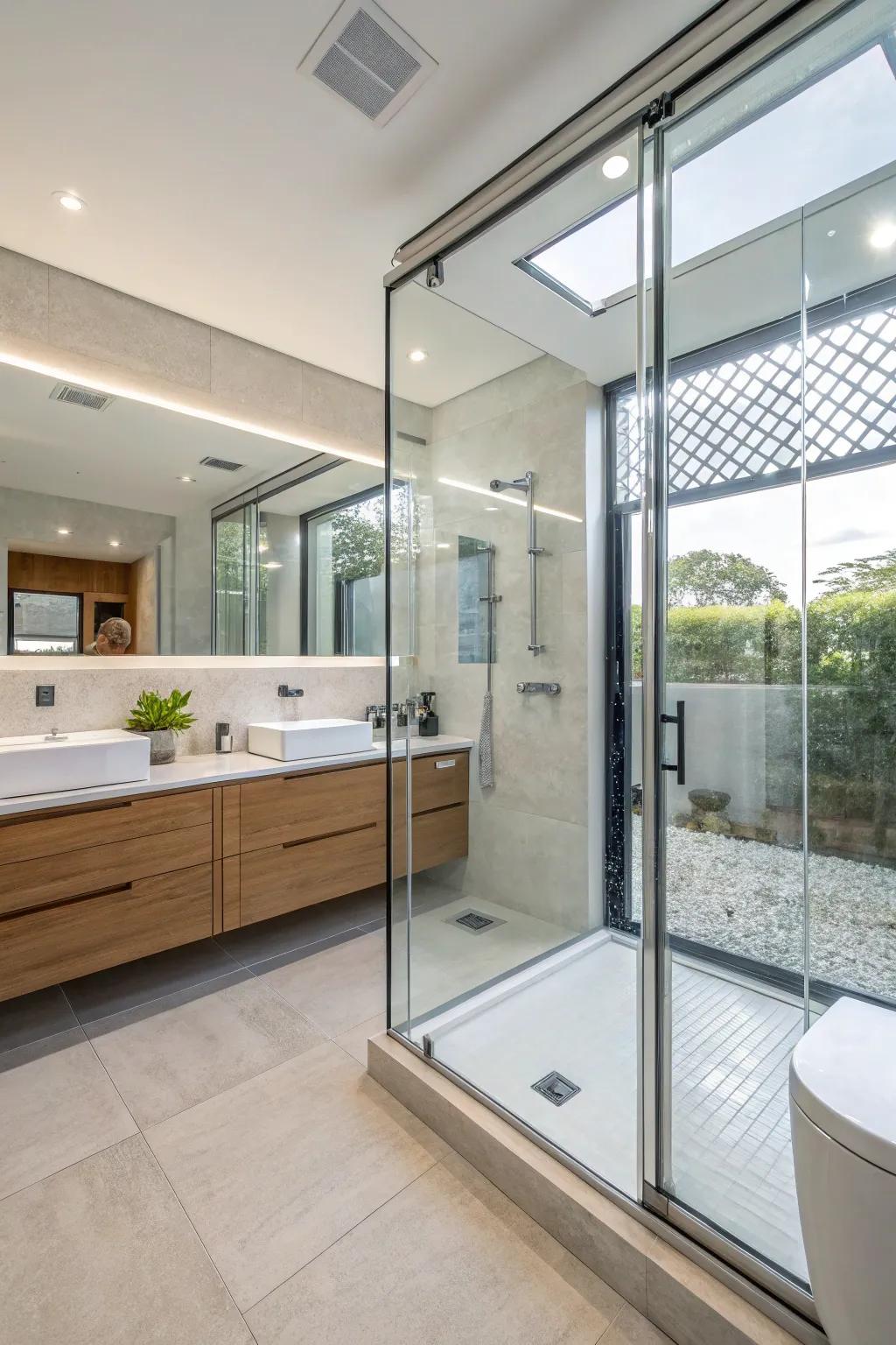 Glass doors enhance the room's openness and style.