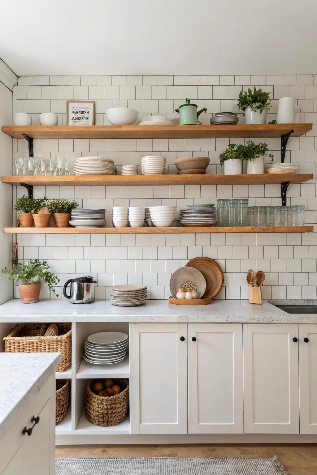 Open shelving combined with a tile background for a personalized touch.