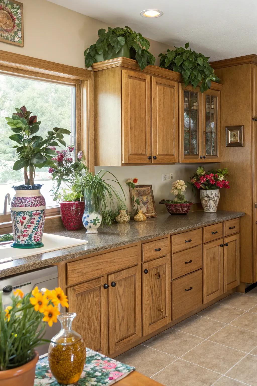 Decorative items add character and comfort to kitchens featuring oak.