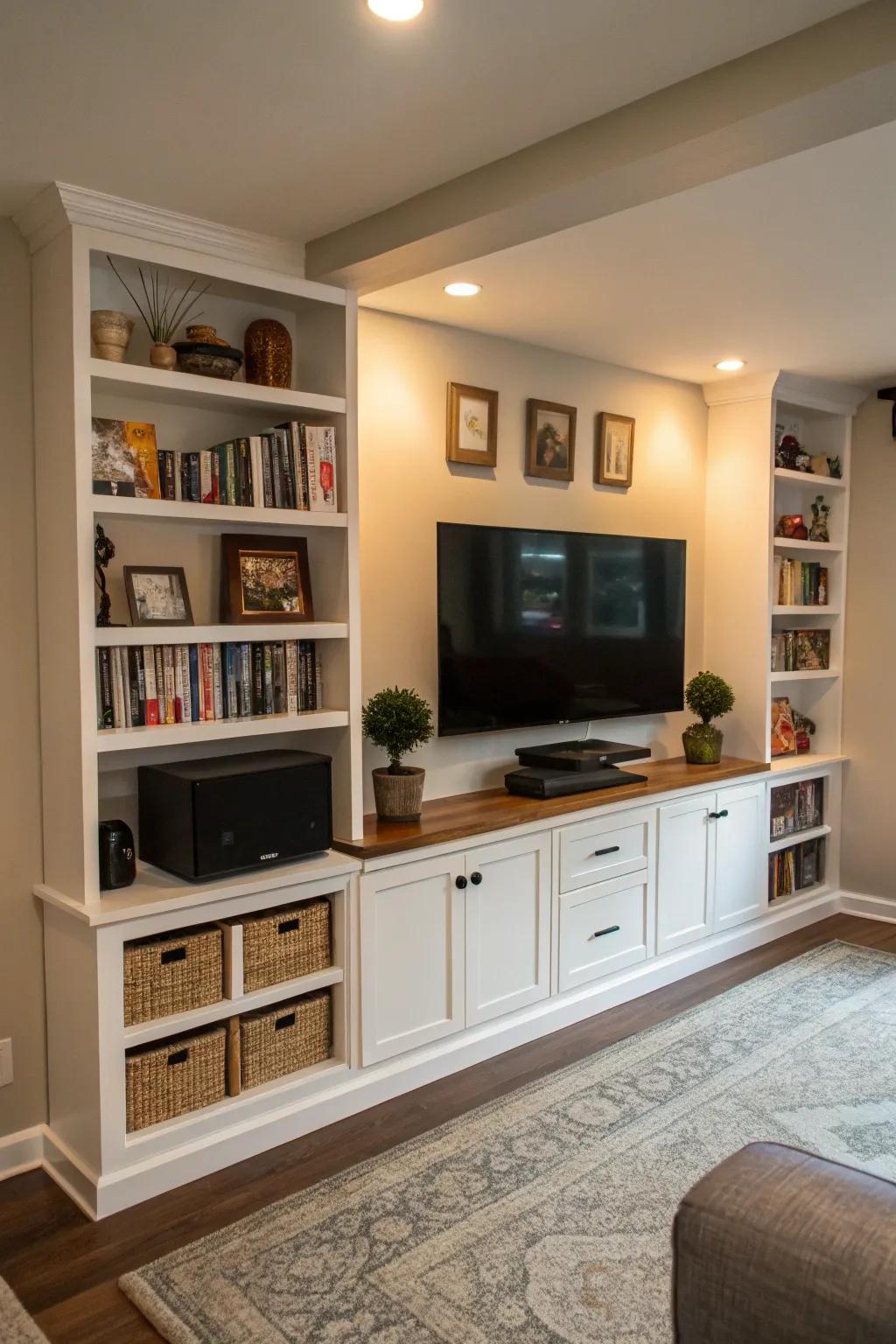 A corner media wall utilizes space efficiently, impeccable for small rooms.