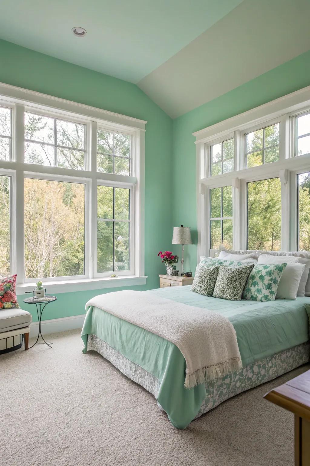 An airy and open mint green bedroom.