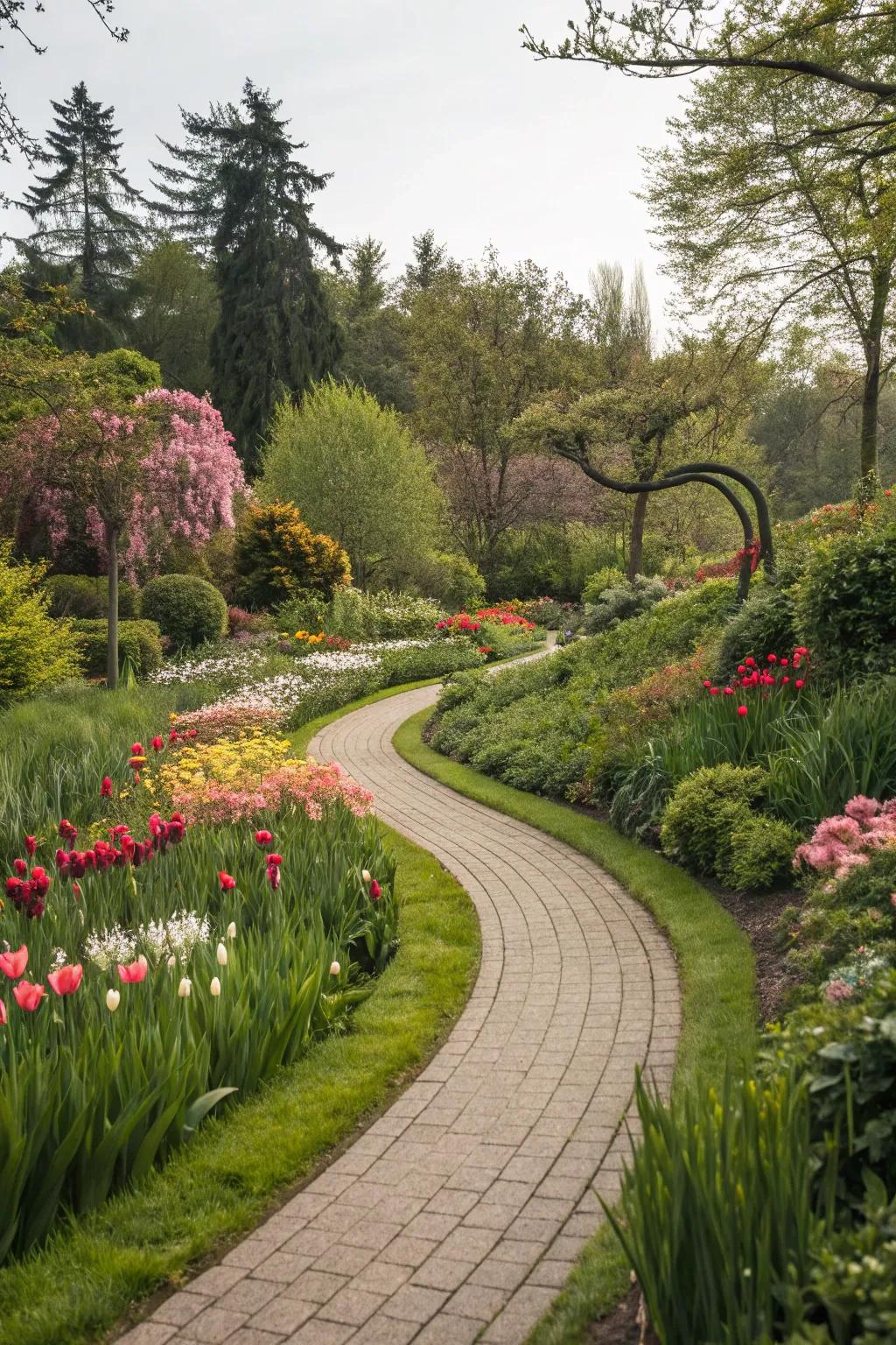 A curved garden path that adds intrigue and flow to the design.