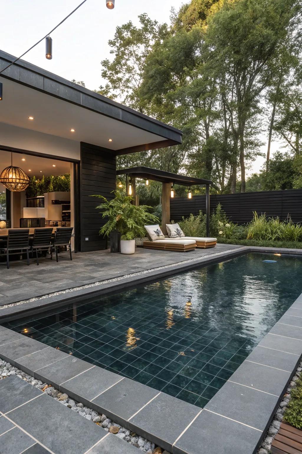 Strong dark tiles add drama and class to pool styles.