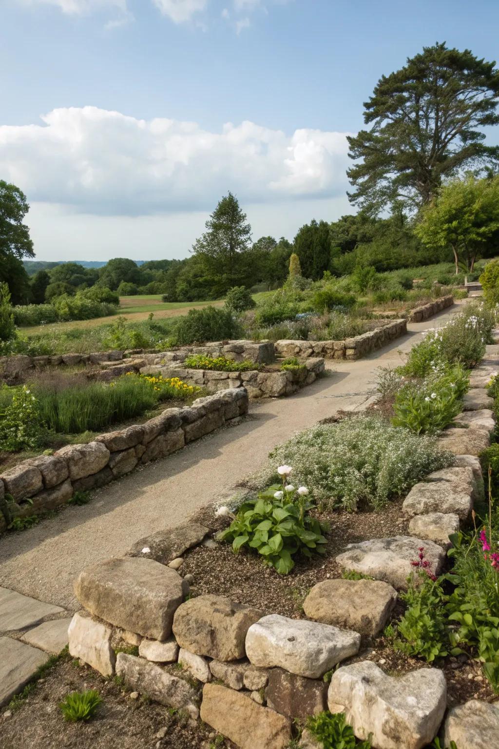 Organic borders crafted with minerals delineate and organize garden zones.