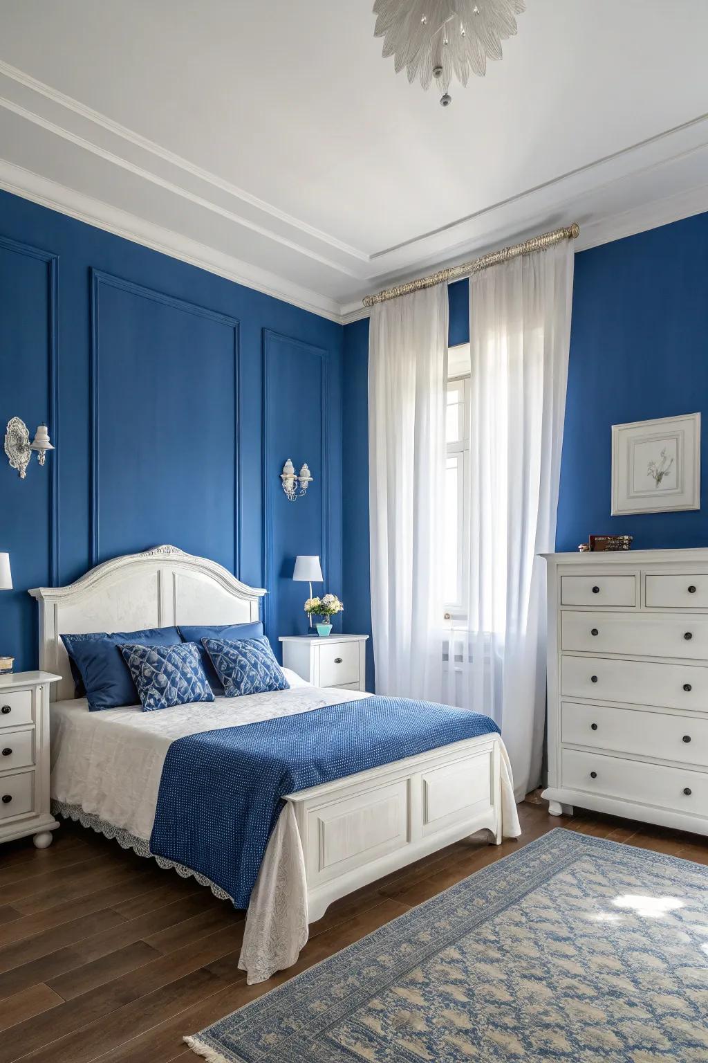 White accents offer balance and harmony against the indigo backdrop.