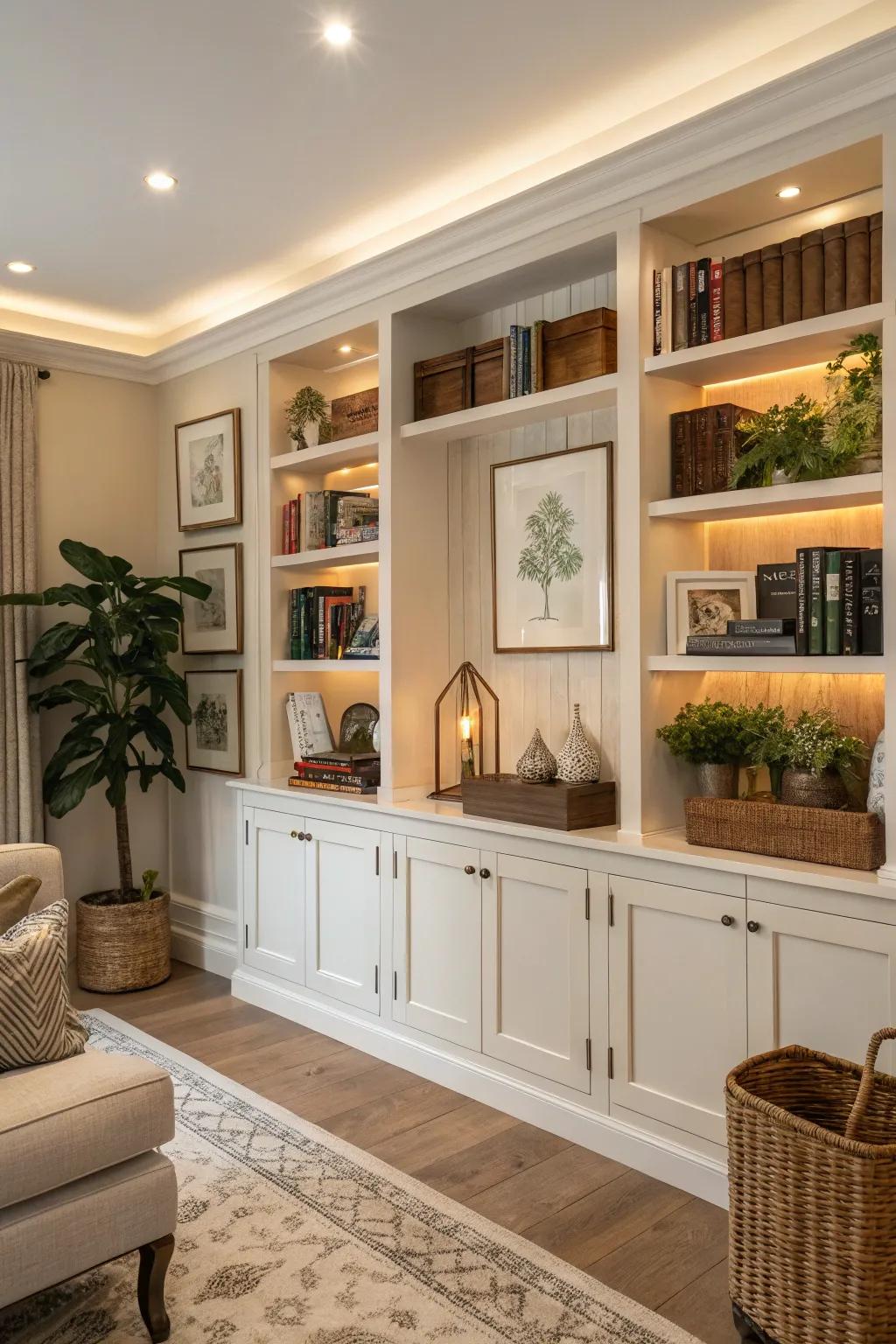 Achieve a unified appearance using fitted shelving.