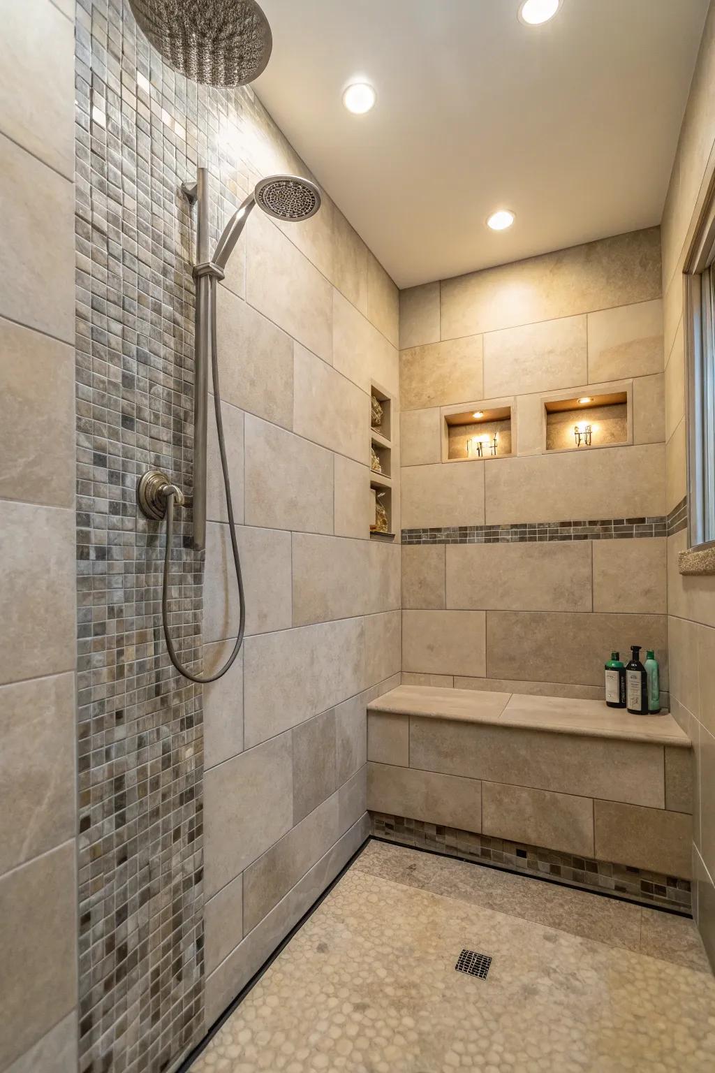 A calming shower area with a neutral color palette.