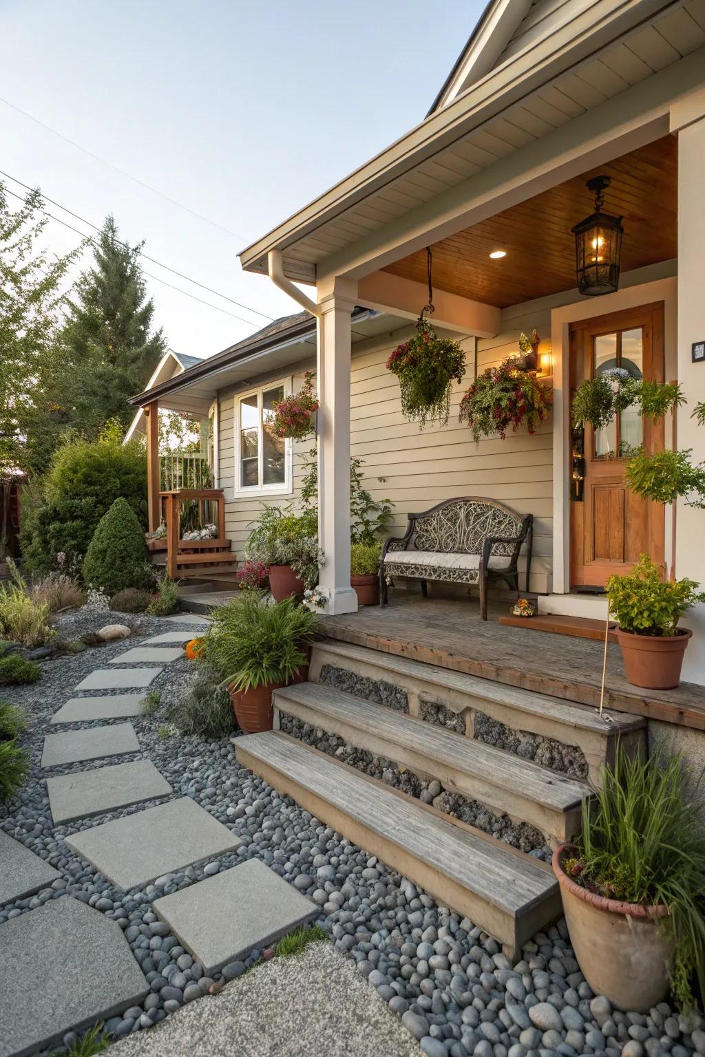 A petite front porch featuring skillfully designed pathways and stairs ascending to it.
