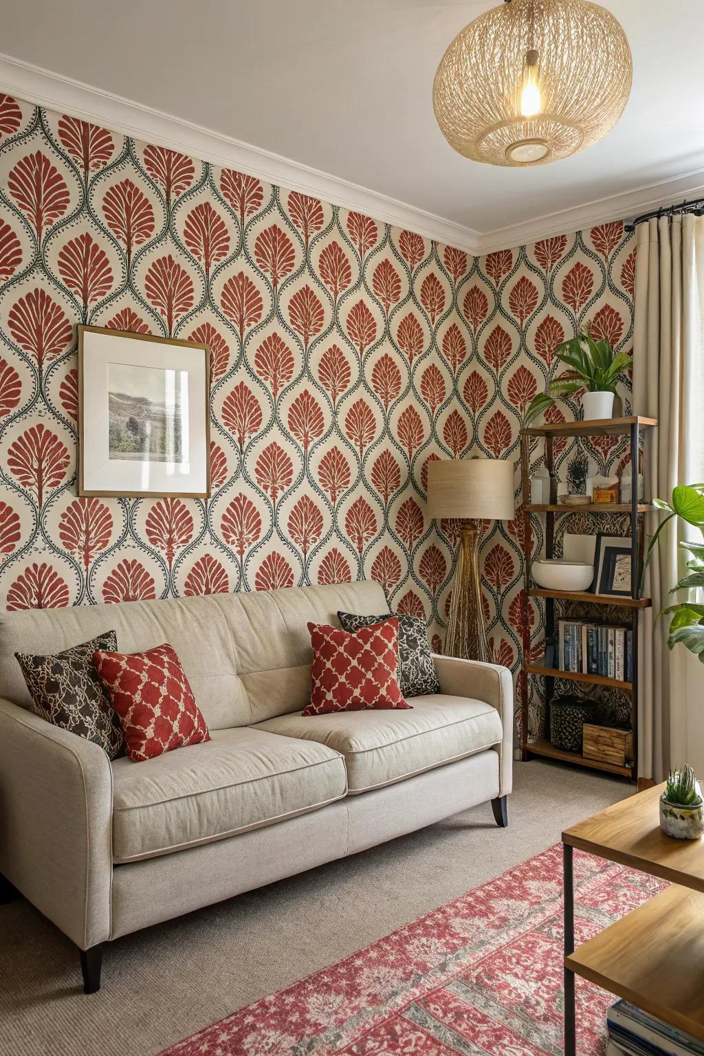 A small living space showcasing vibrant patterned wall covering.
