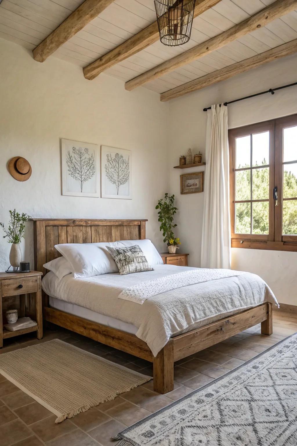 A countryside timber bed structure serves as an inviting focal point in a modern Spanish bedroom.