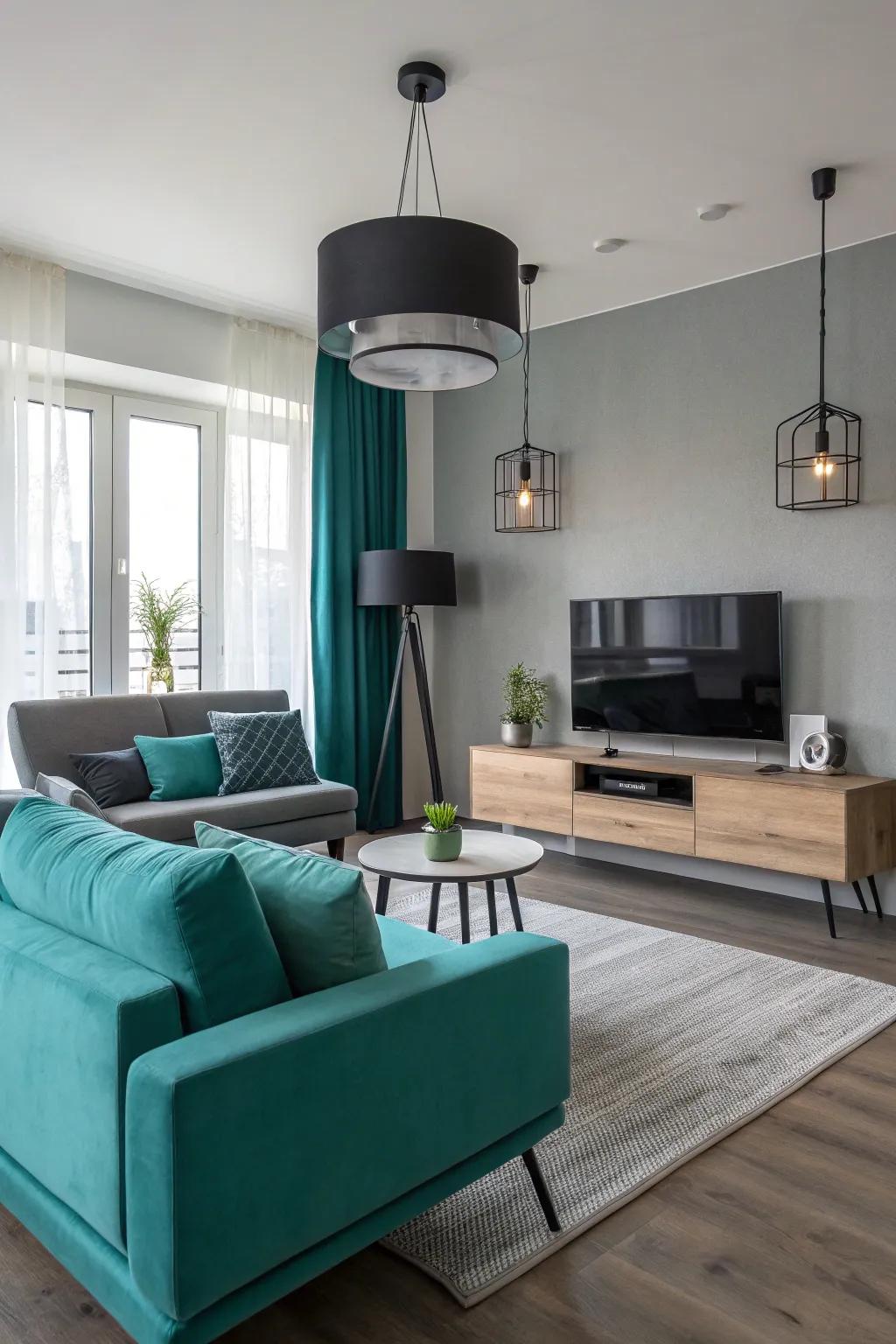 Sea-green and graphite gray create a stylish, elegant living room.