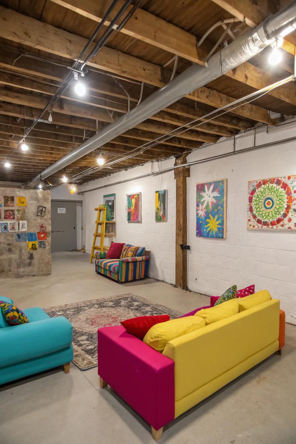 Pops of colour bring energy to an unfinished basement.