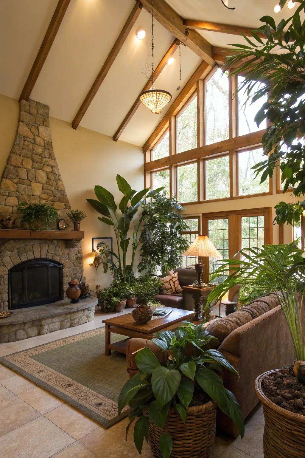 Natural elements like greenery impart warmth and vibrancy to this airy living room.