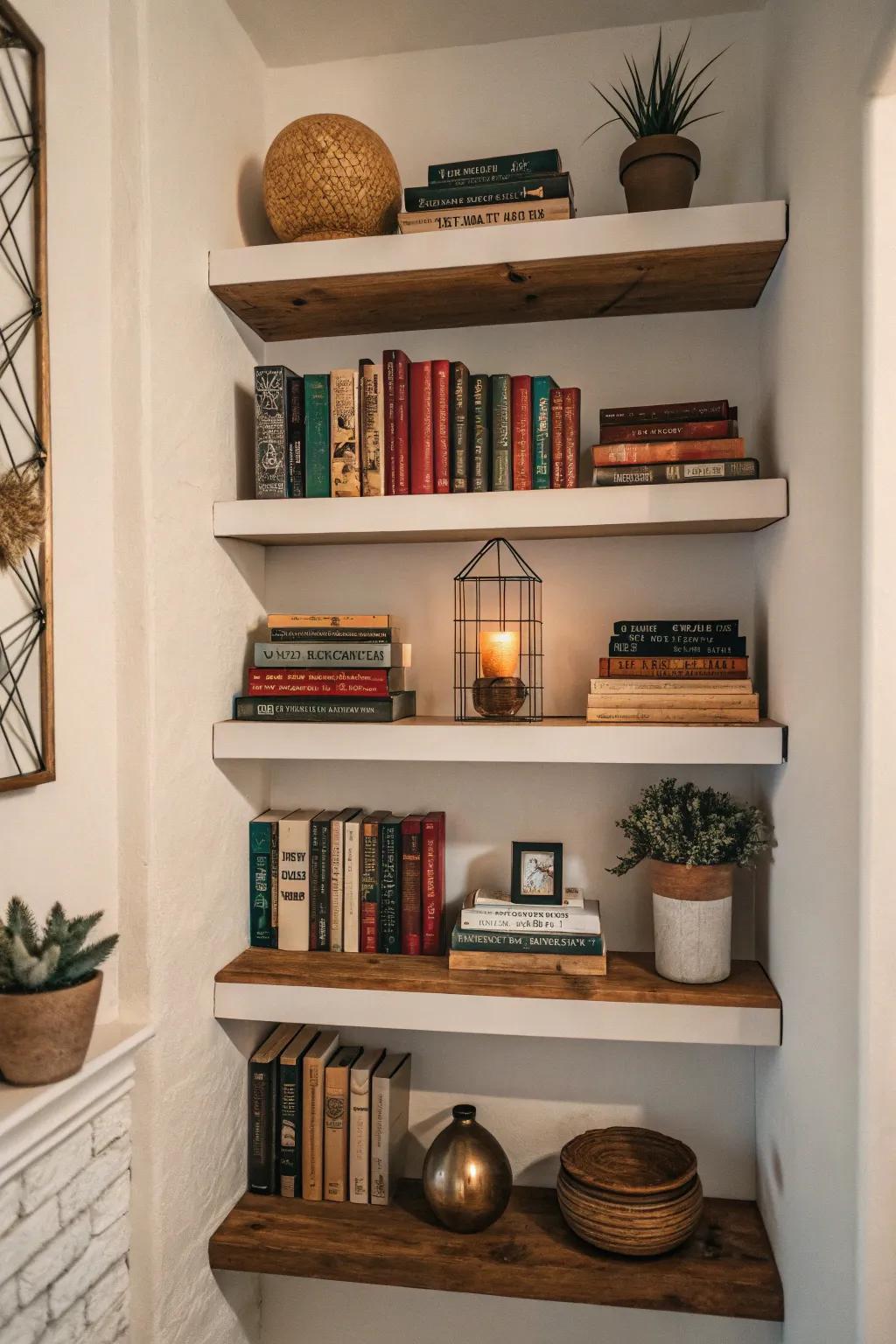 A wall niche with floating shelves, elegantly displaying books and ornaments.