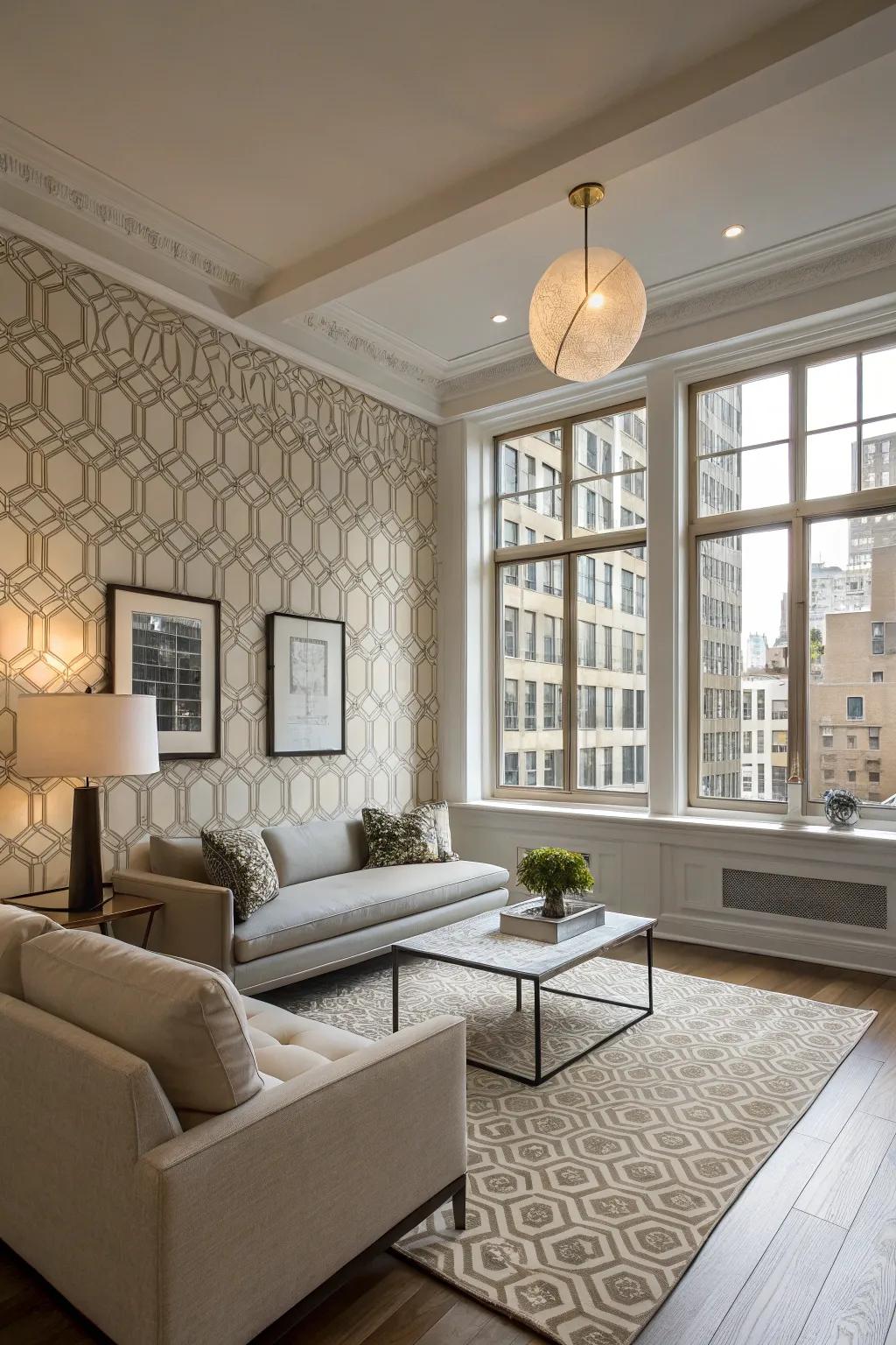 Chic urban wallcovering in a modern apartment setting.